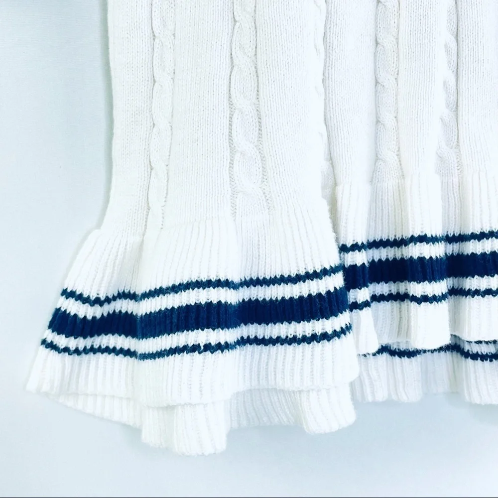 Baby Gap Ivory Frost Navy Cable Knit Long Sleeve Dress Ruffle Hem Sz 6-12 Mo